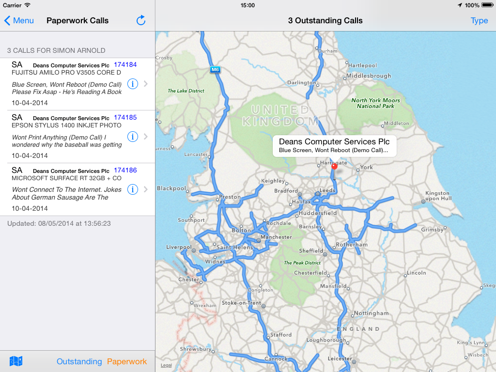 iOS Simulator Screen shot 8 May 2014 15.00.31 Engineer call route planning software