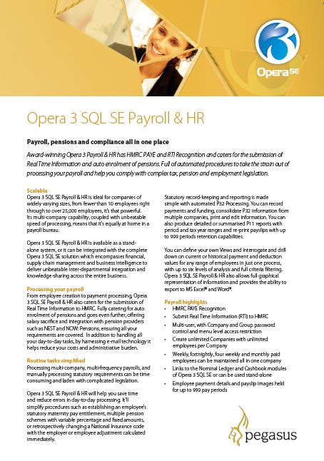 Opera 3 SQL SE Payroll & HR