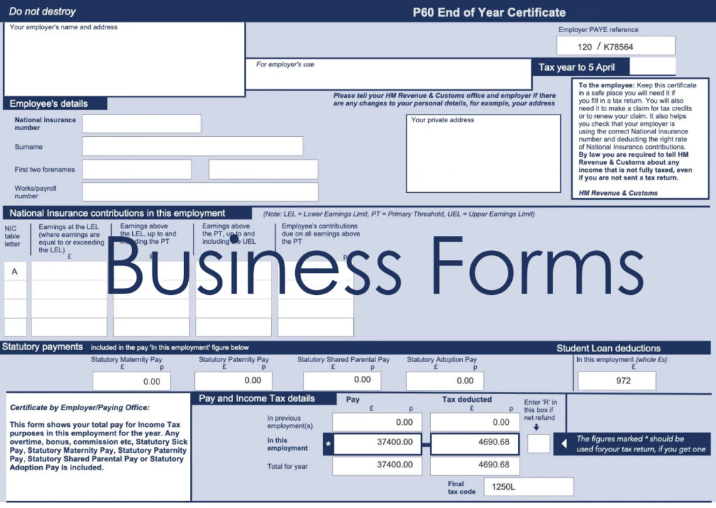 Business forms, P60, payslips, invoicing forms