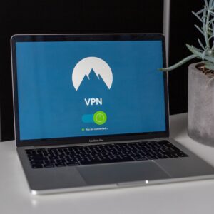 Laptop placed on desk with VPN screensaver